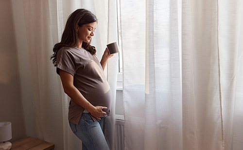 Pregnant woman holding mug and daydreaming by window
